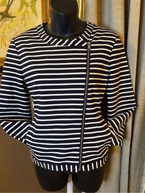 Ann Taylor XS Navy White Striped Moto Jacket Asymmetrical Zip Knit Blazer